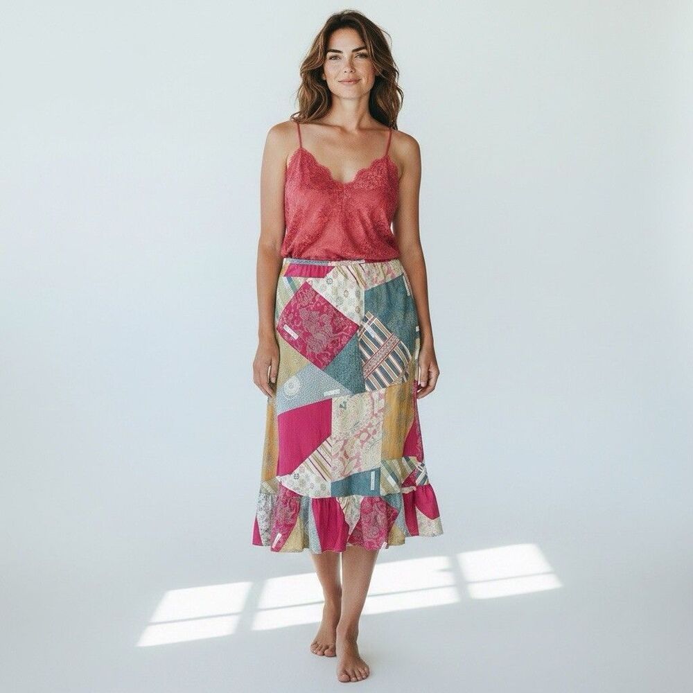 Citron Silk Blend Skirt Boho Patchwork Oriental Print Elastic Waist Lined Size L